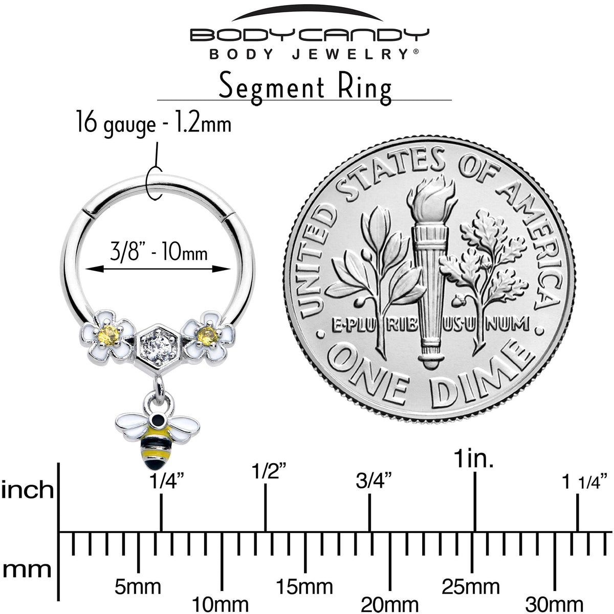 16G 3/8 Yellow CZ Gem Flower Bee Dangle Hinged Segment Ring