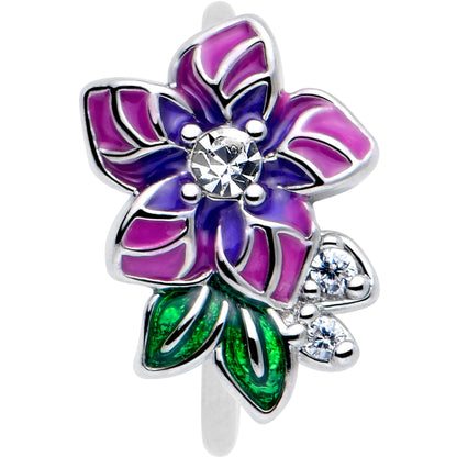 20G 5/16 Clear CZ Gem Flower Purple Nose Hoop