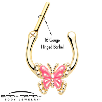 16G 5/16 Gold Tone Butterfly Pink Splash Cartilage Clicker