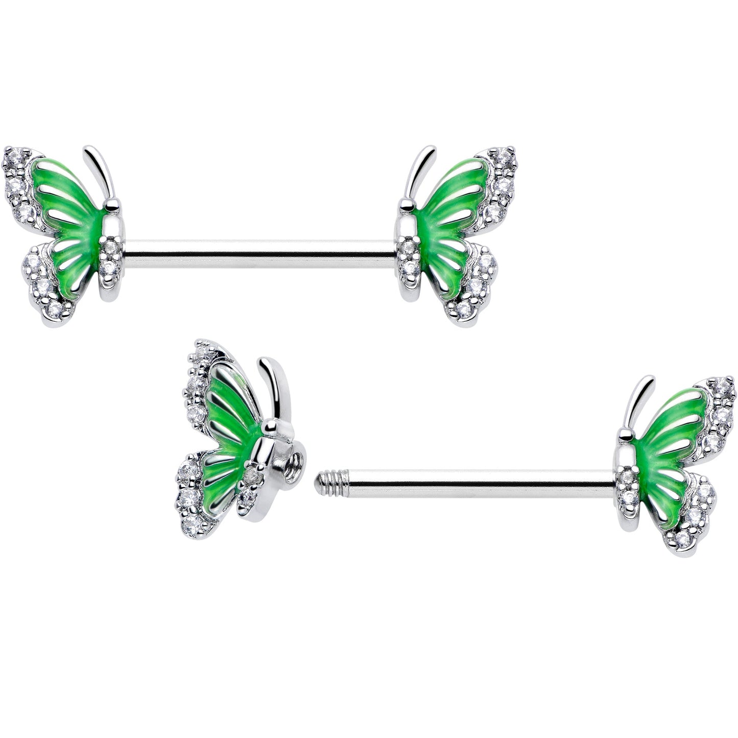 14G 9/16 Clear CZ Gem Butterfly Green Barbell Nipple Ring Set