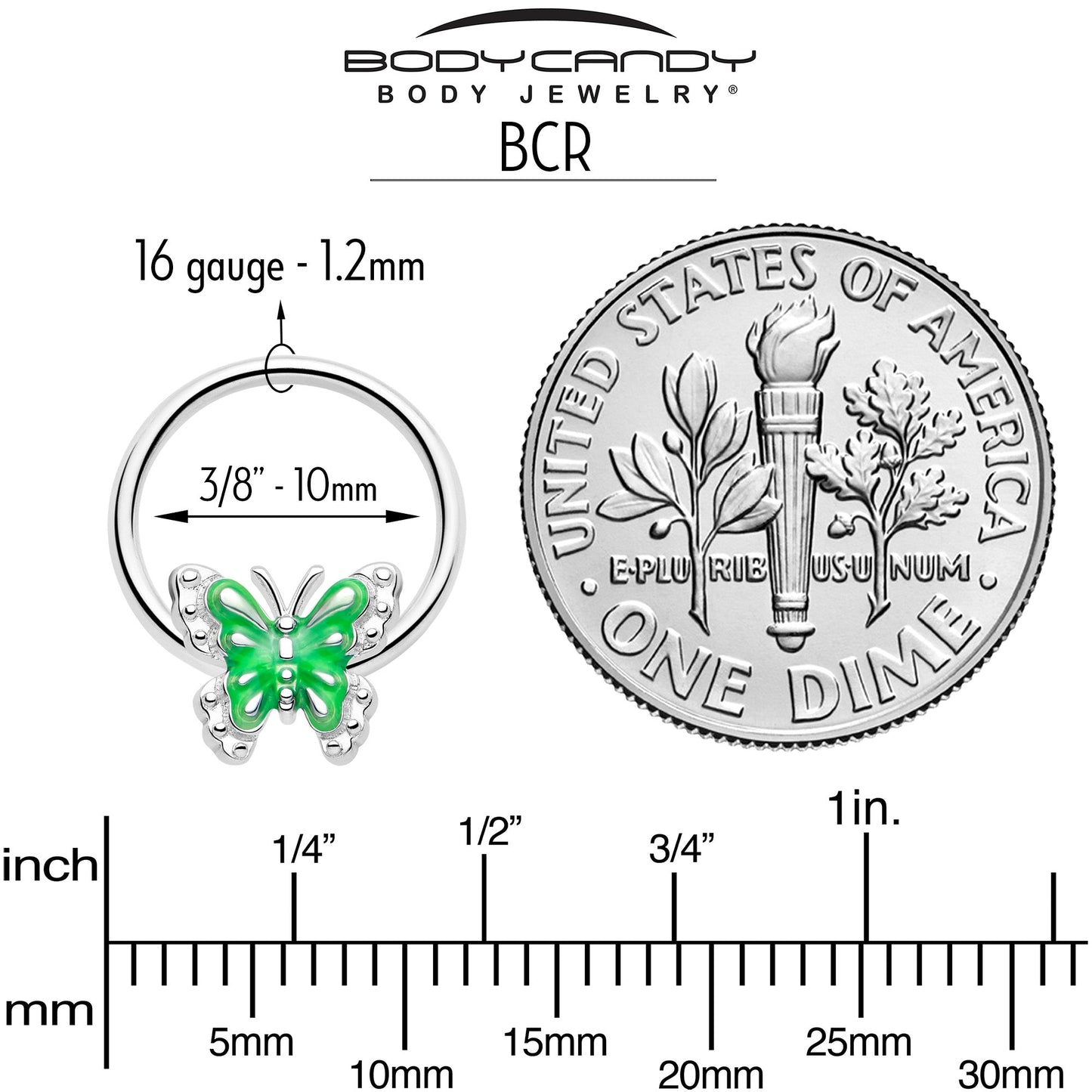 16G 3/8 Butterfly Green Splash BCR Captive Charm Ring