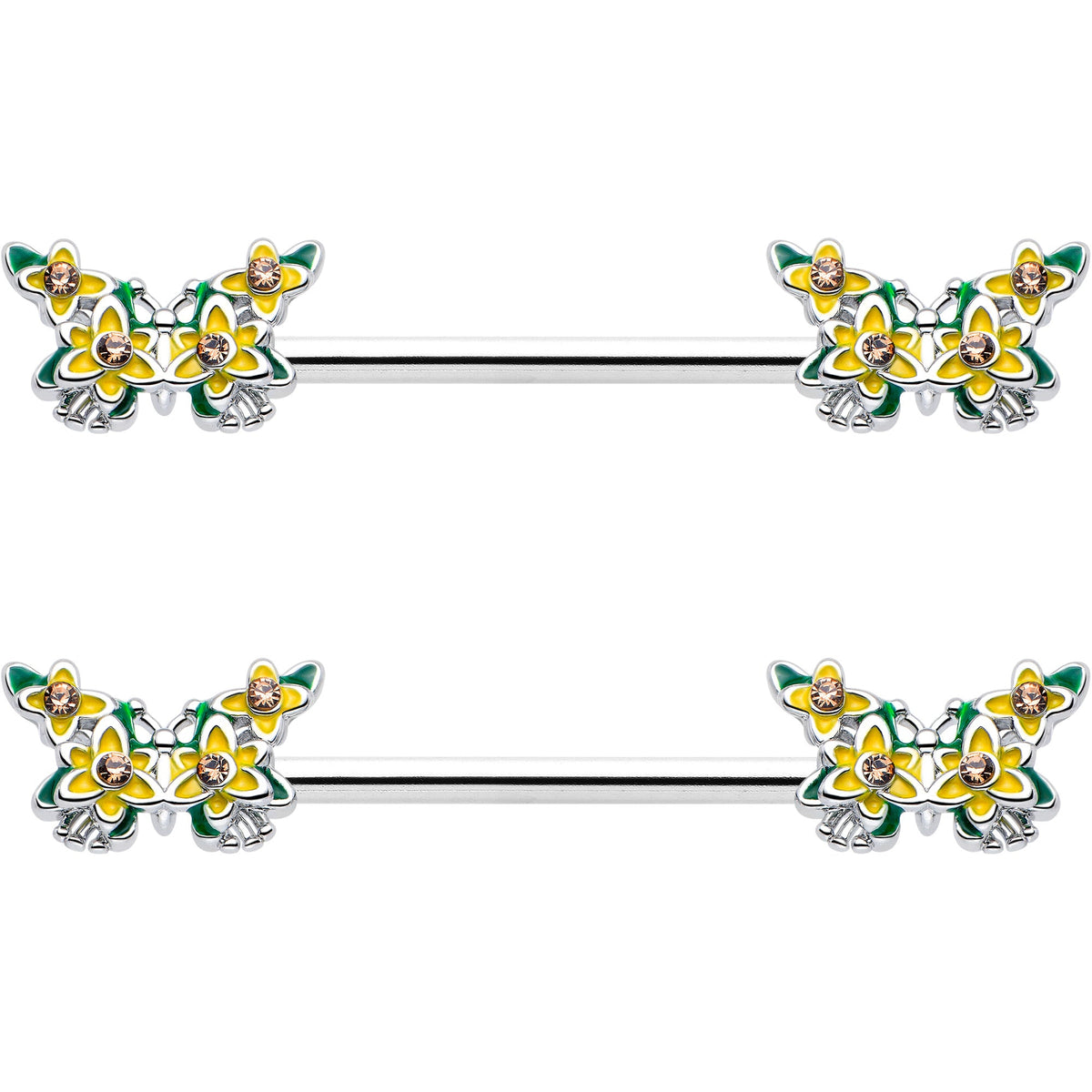14G 9/16 Yellow CZ Gem Blooming Butterfly Barbell Nipple Ring Set