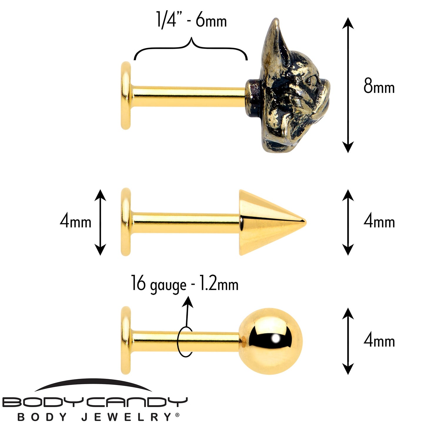 16G French Bulldog Flat Back Earring Set Internally Threaded 3 Pack