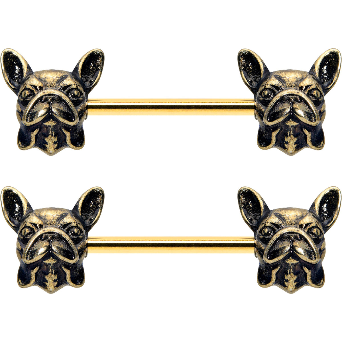 14G 5/8 Gold Tone Anodized French Bulldog Barbell Nipple Ring Set