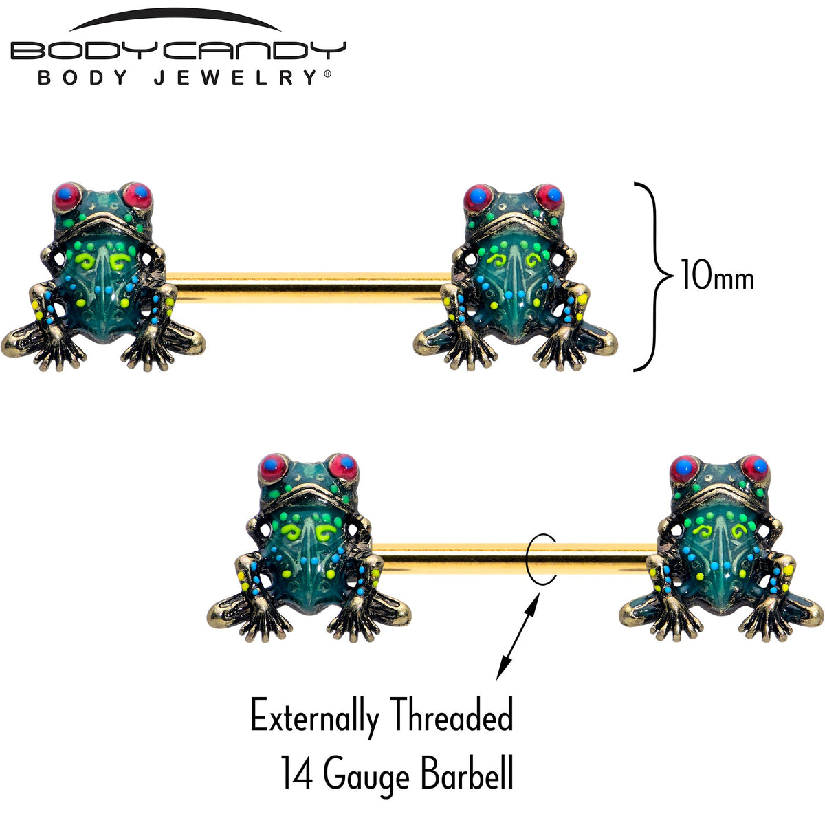 14G 5/8 Gold Tone Anodized Colorful Tree Frog Nipple Ring Set
