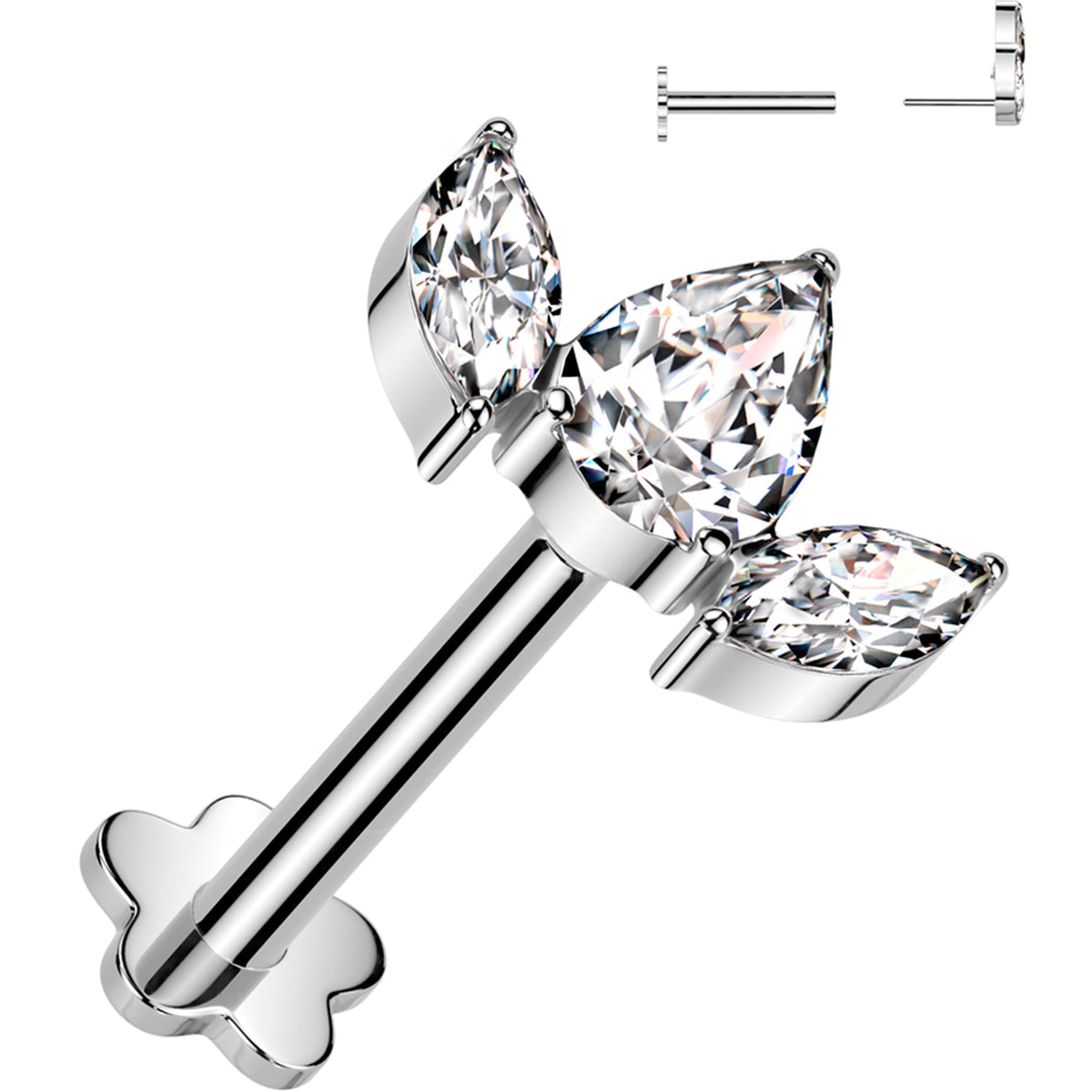 16G 5/16 Clear CZ Gem Oval Trio Medical Grade Titanium Reversible Flat Back Earring