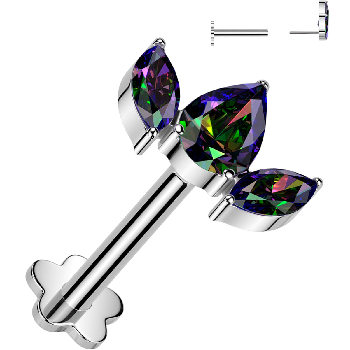 18G 5/16 Vitrail CZ Gem Oval Trio Medical Grade Titanium Reversible Flat Back Earring