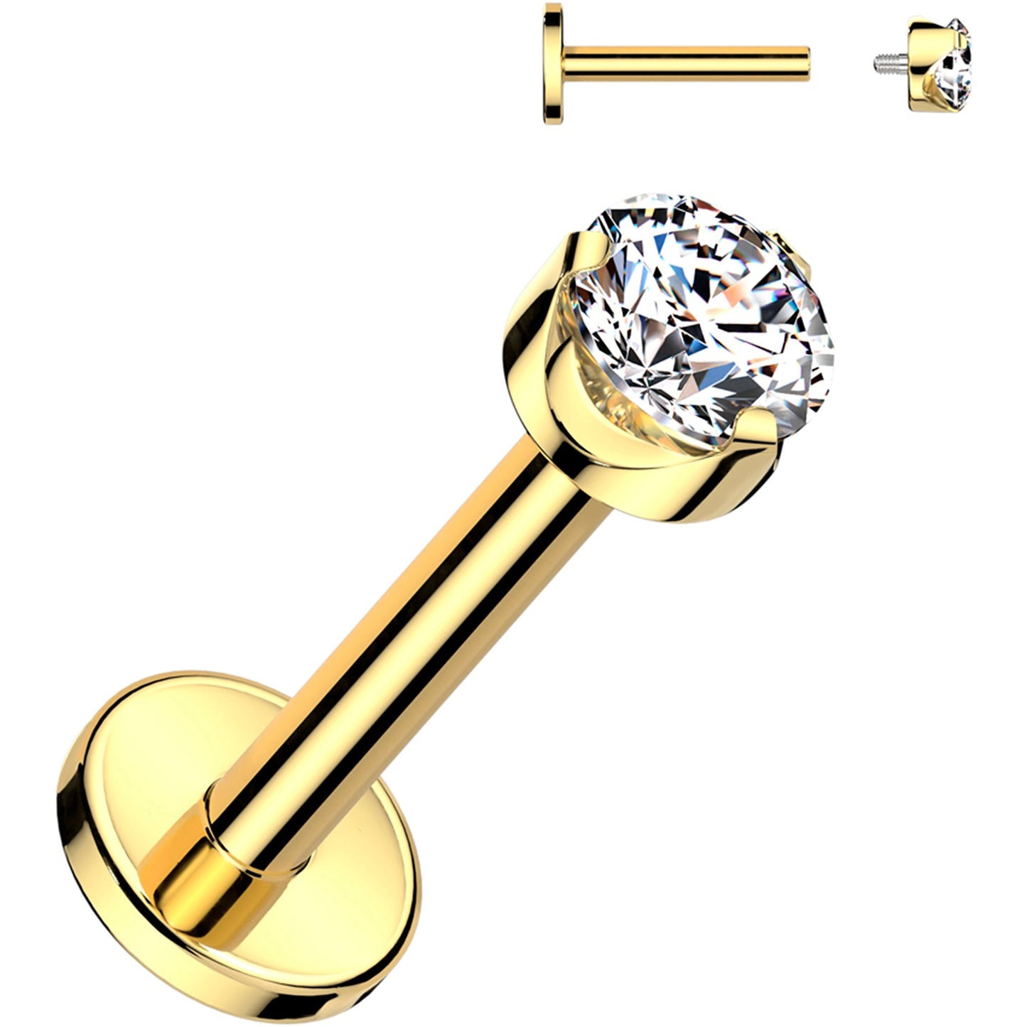 16G 1/4 3mm Clear CZ Round Gold PVD Medical Grade Titanium Flat Back Earring