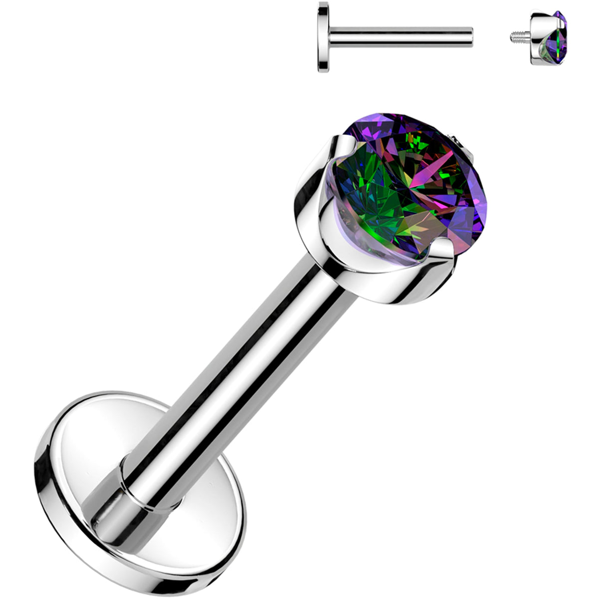 16G 1/4 3mm Vitrail CZ Round Medical Grade Titanium Flat Back Earring