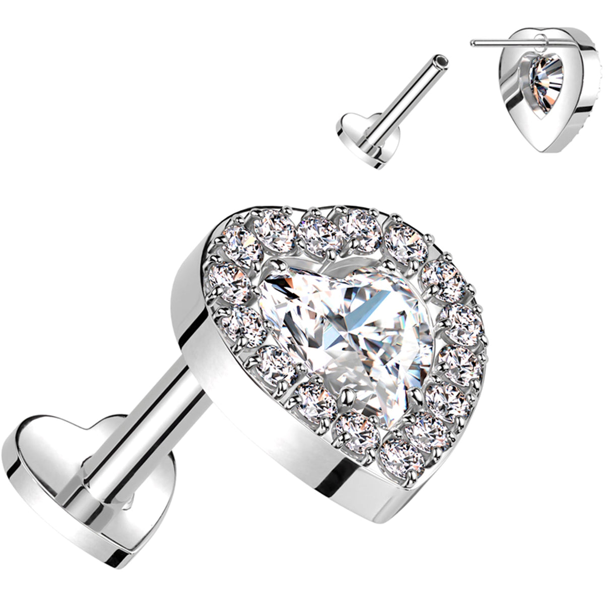 18G 5/16 Clear CZ Gem Heart Duo Medical Grade Titanium Reversible Flat Back Earring