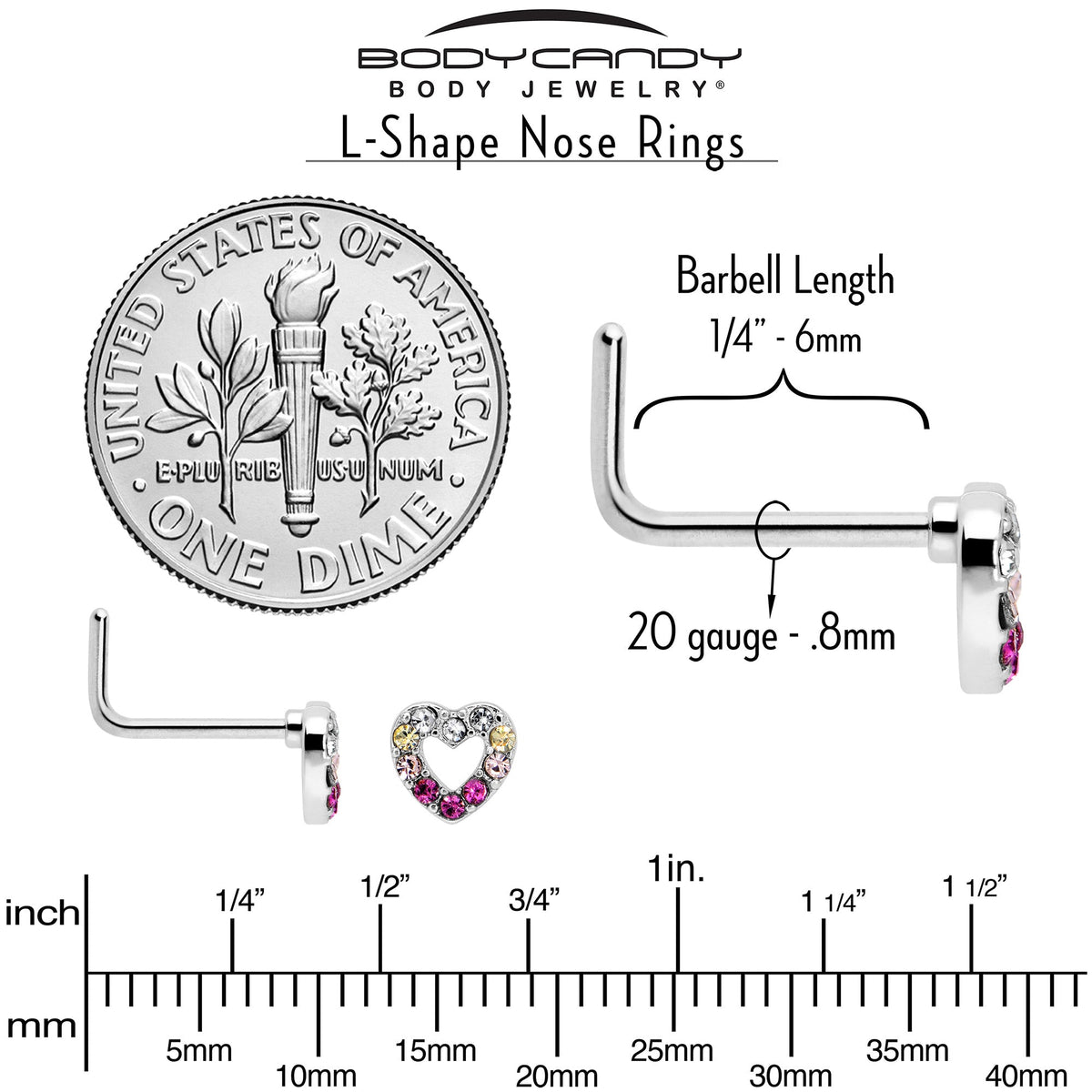 20G Romance Gem Open Heart L Shape Nose Ring
