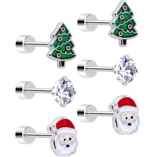 Christmas Flat Back Earrings - 3 Pairs Holiday Tree Santa CZ