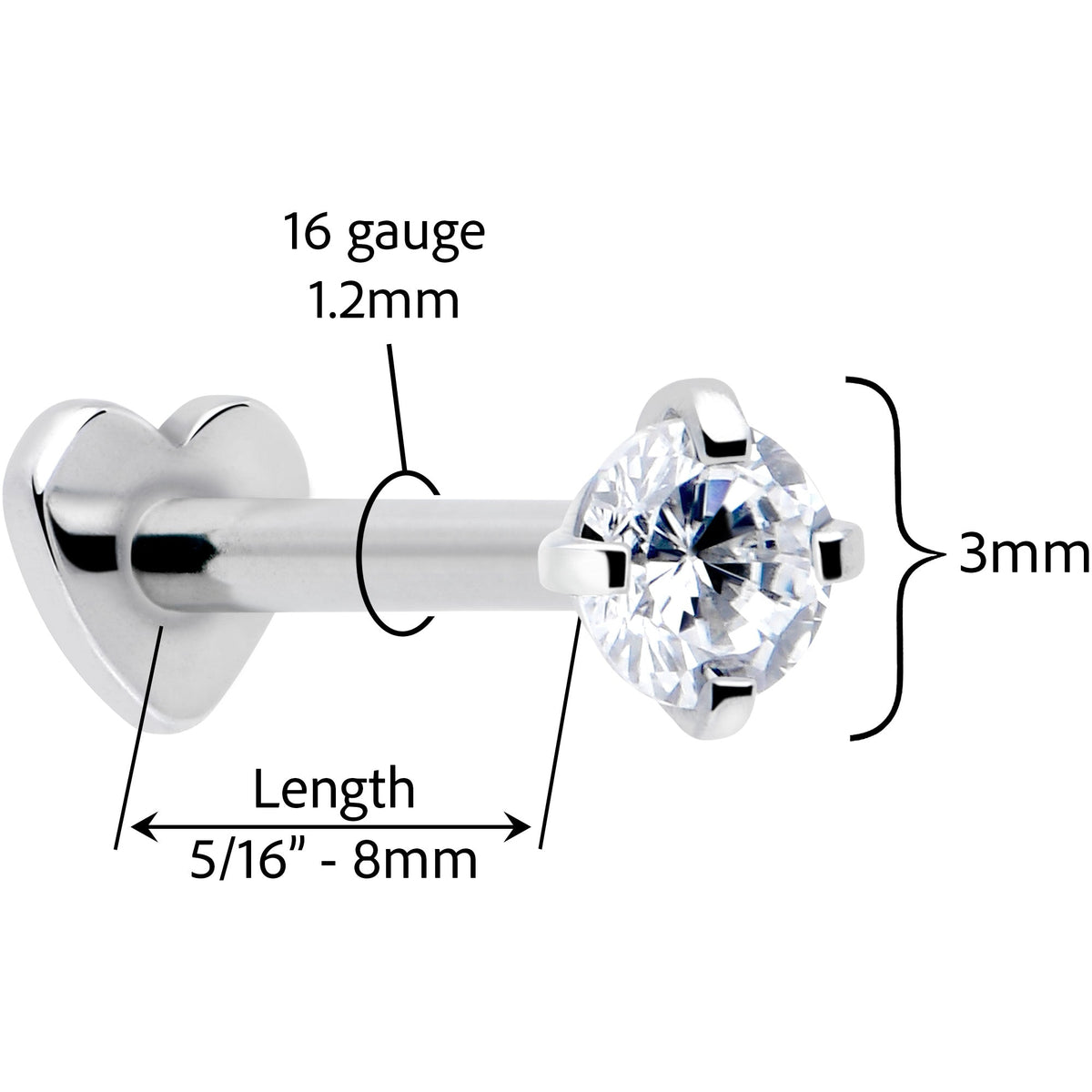 16G 5/16 Clear CZ Implant Grade Titanium Threadless Reversible Heart Flatback Stud