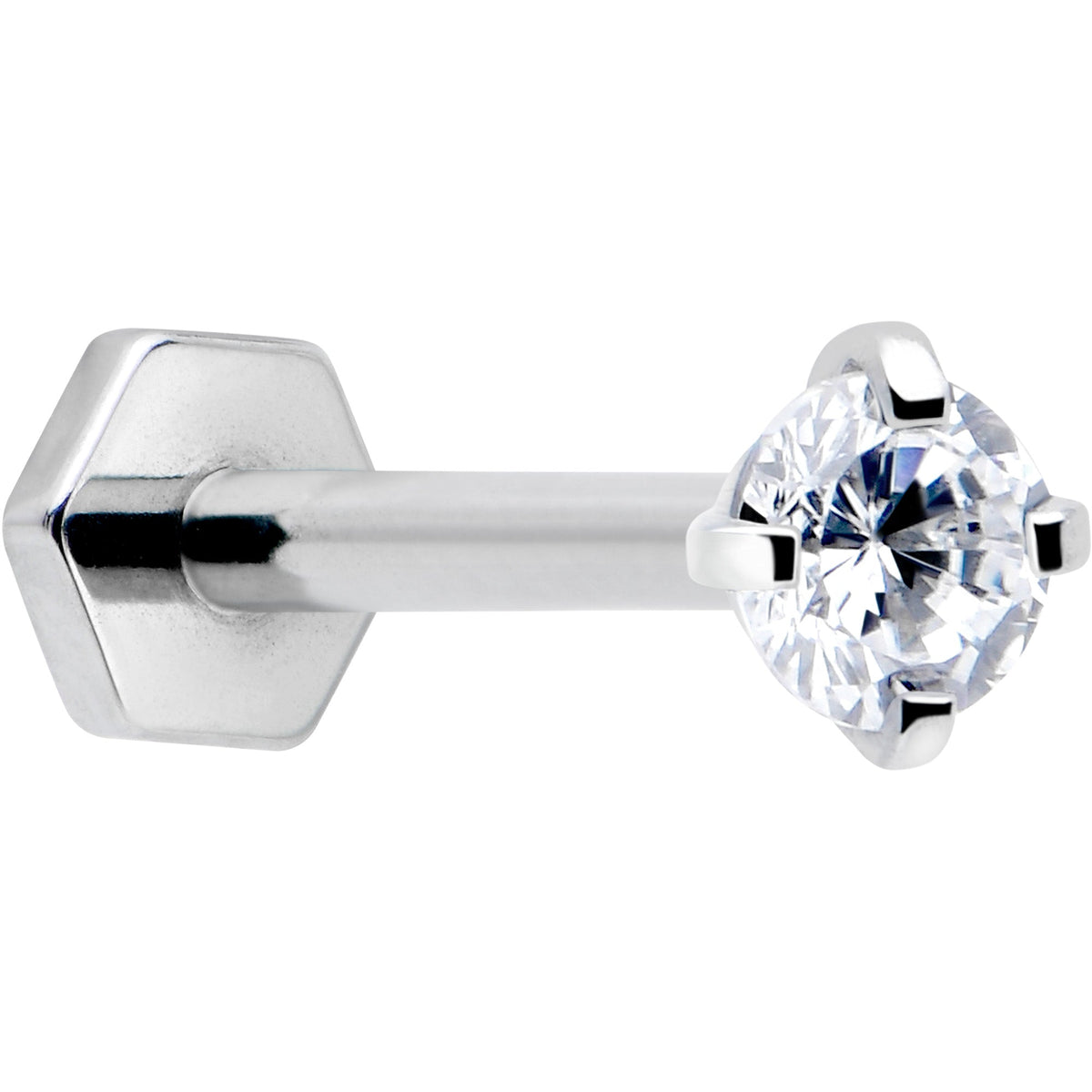 16G 5/16 Clear Gem Implant Grade Titanium Threadless Reversible Hex Flatback Stud
