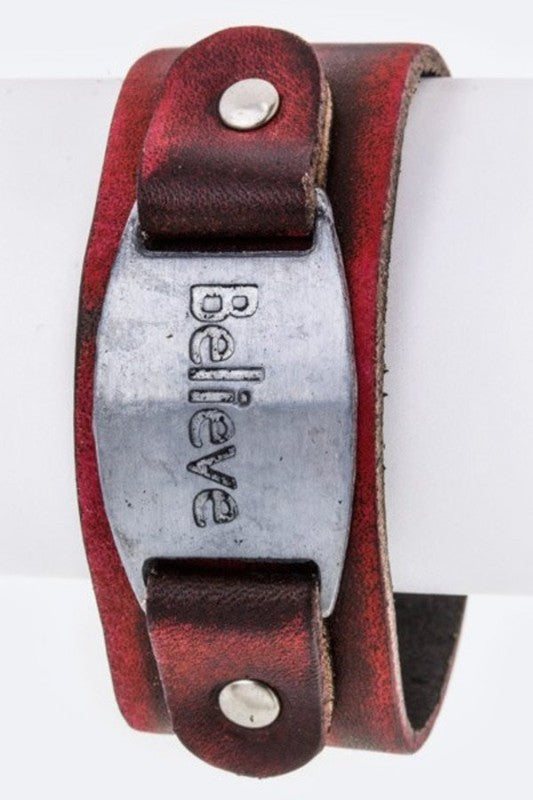 Believe Metal Tag Leather Cuff