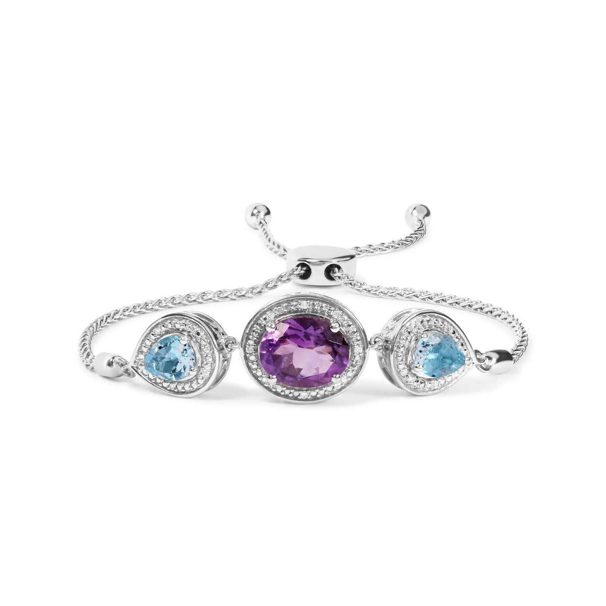 .925 Sterling Silver Oval Amethyst and Pear Blue Topaz with Diamond Accent Lariat 4â€-10â€ Adjustable Bolo Bracelet (H-I Color, SI1-SI2 Clarity)