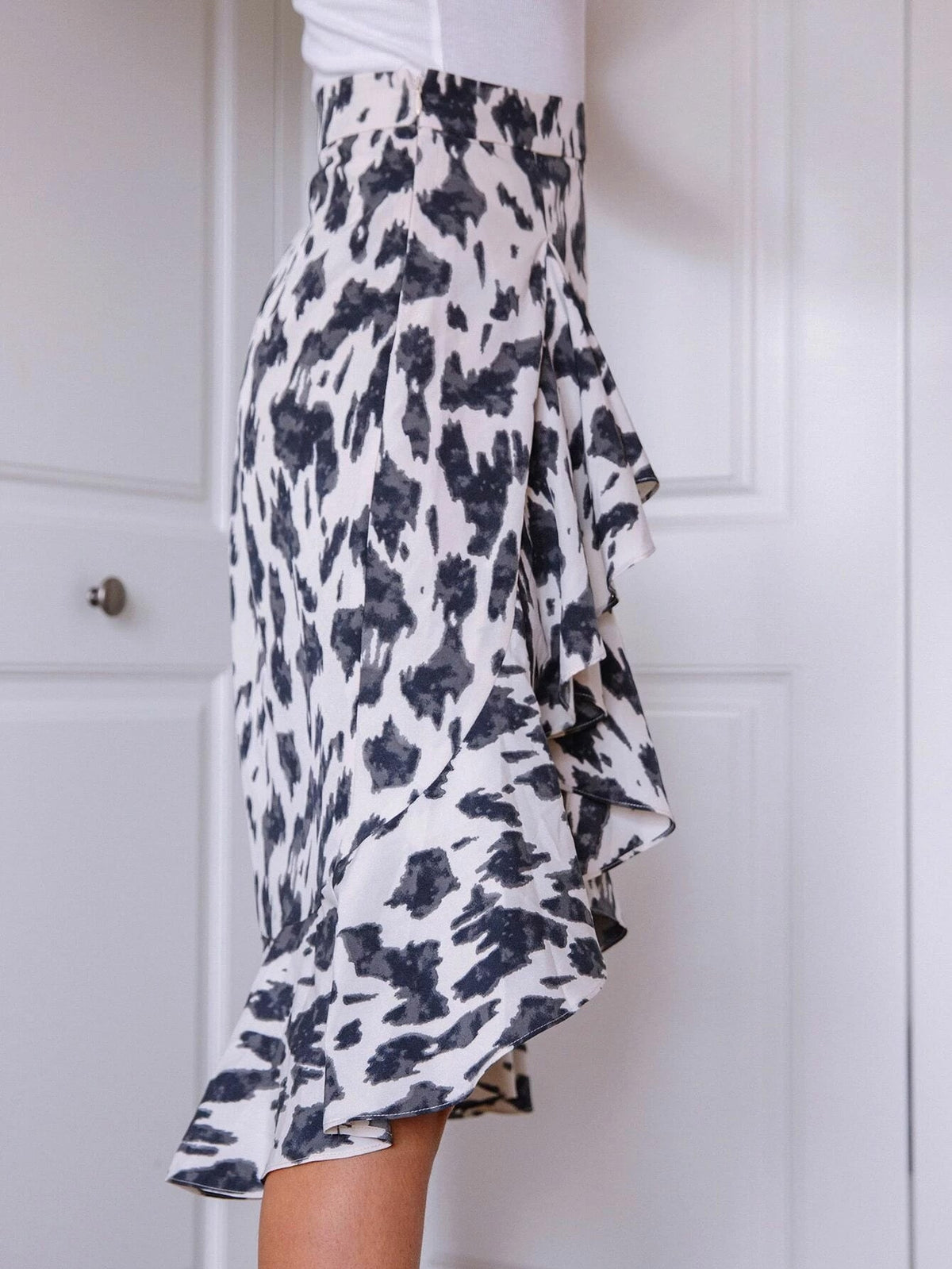 Women Skirt Casual Split Ruffled Leopard Print Printed A line Long Skirt Skirt