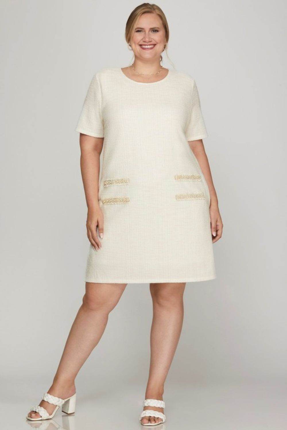 She + Sky Full Size Short Sleeve Pearl Studded Trim Knit Tweed Dress Plus Size