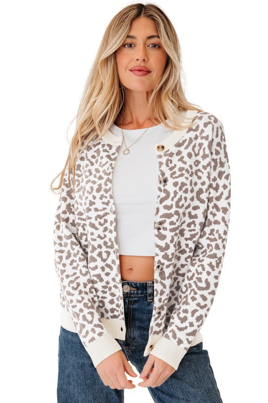 Leopard Drop Shoulder Chunky Cardigan Sweater