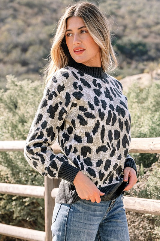 Leopard Contrast Trim Drop Shoulder Sweater