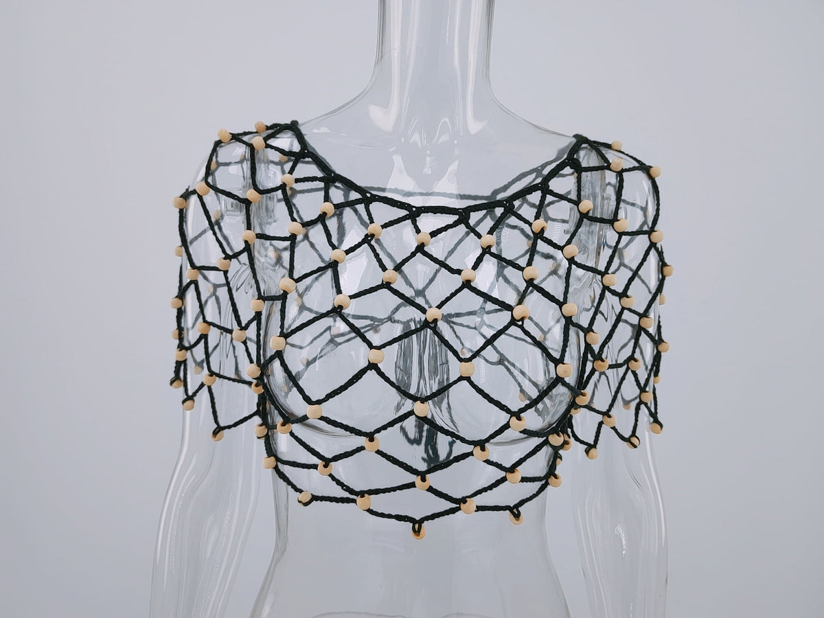 Spring Summer Seaside Holiday Hollow Out Cutout Beading Bikini Sexy Suspenders Beach Shirt