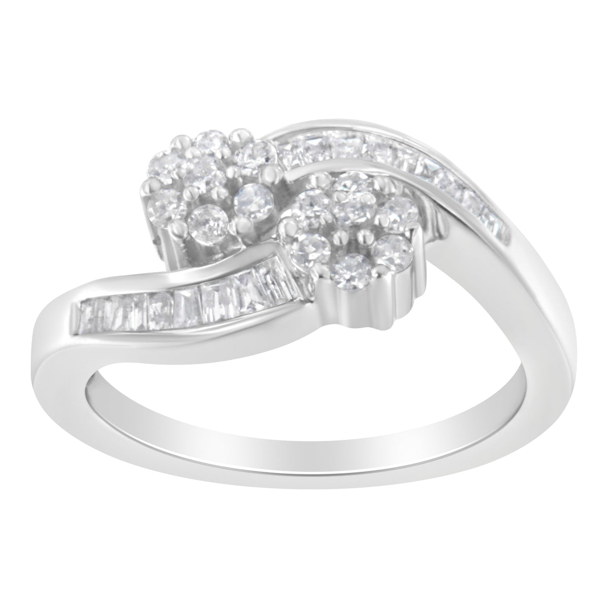 14K White Gold Round and Baguette Diamond Bypass Ring (1/2 cttw, H-I Color, I1-I2 Clarity) - Ring Size 6
