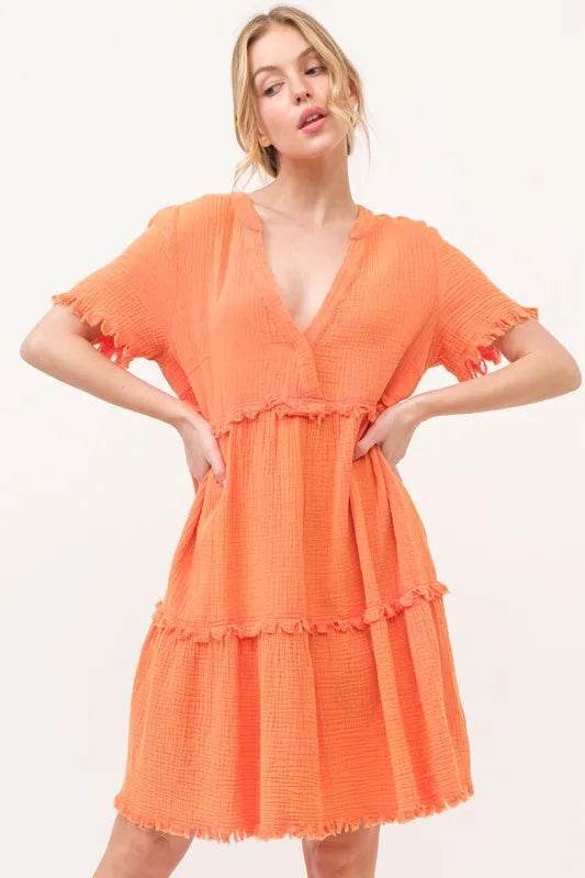 And The Why Washed Frayed Detail Tiered Dress