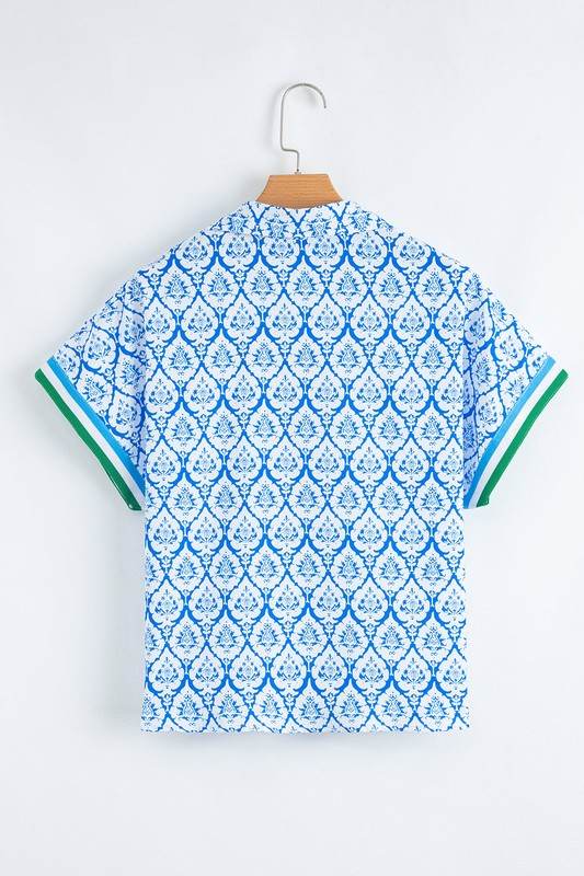 Sky Blue Colorblock Striped Collar Bohemian Print