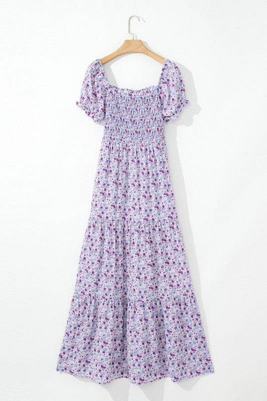 Bubble Sleeve Shirred High Waist Maxi Dress