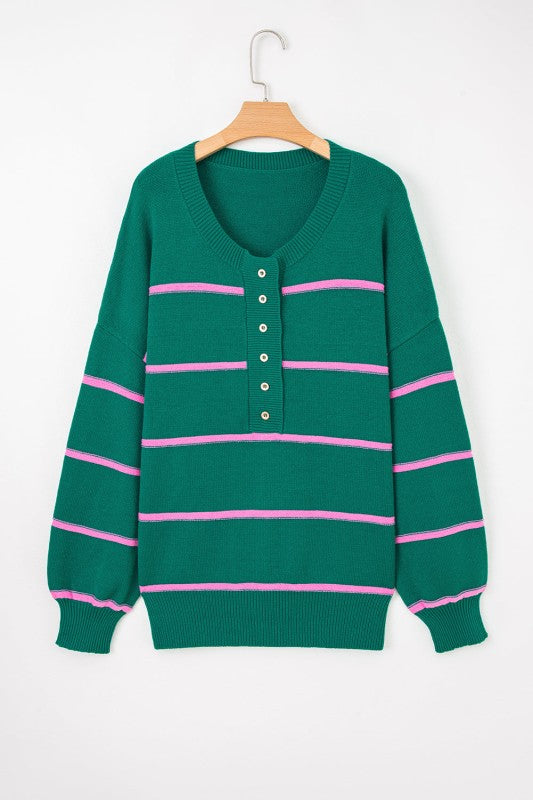 Plus Size Stripe Half Button Drop Shoulder Sweater