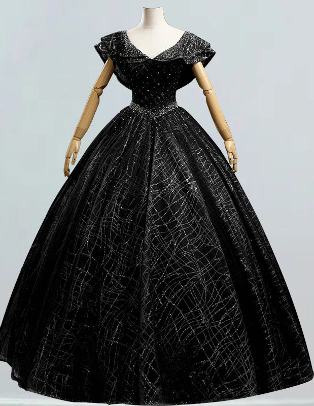 Women's Elegant Black V-Neck Beaded Prom Gown | Floor-Length Evening Dress