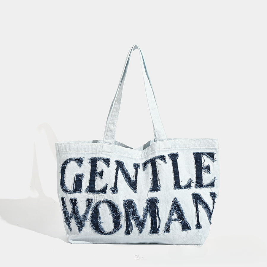 Large capacity shoulder canvas bag, retro denim tote bag big, handheld letter sticker cloth bag, tote bag large