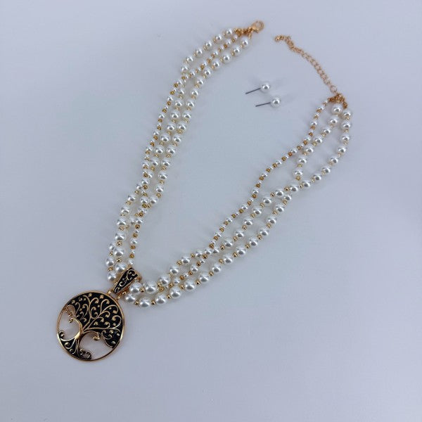 Gold Finish Multi Layer Pearl Necklace Tree of Lif
