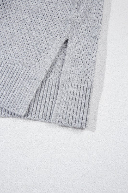 Solid Eyelet V-Neck Drop Shoulder Sweater