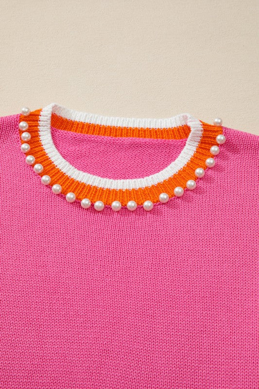 Pearl Contrast Trim Crewneck Drop Shoulder Sweater