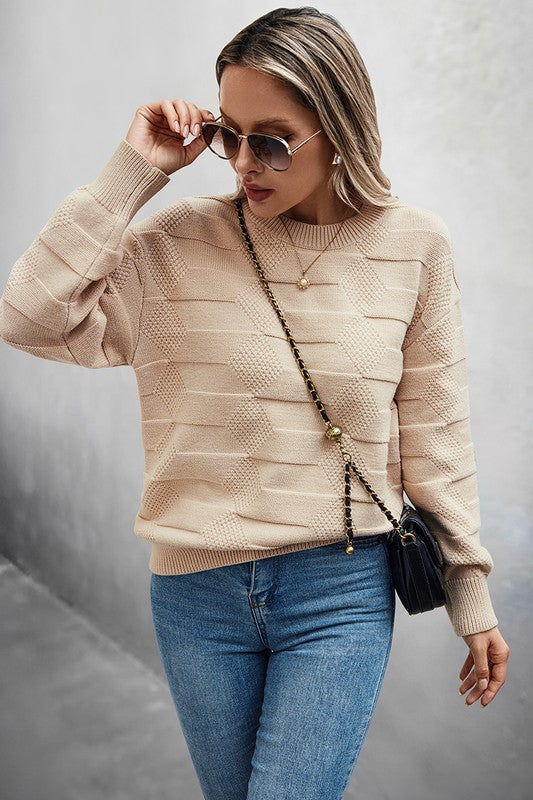 Solid Round Neck Knit Loose Long Sleeves Sweater