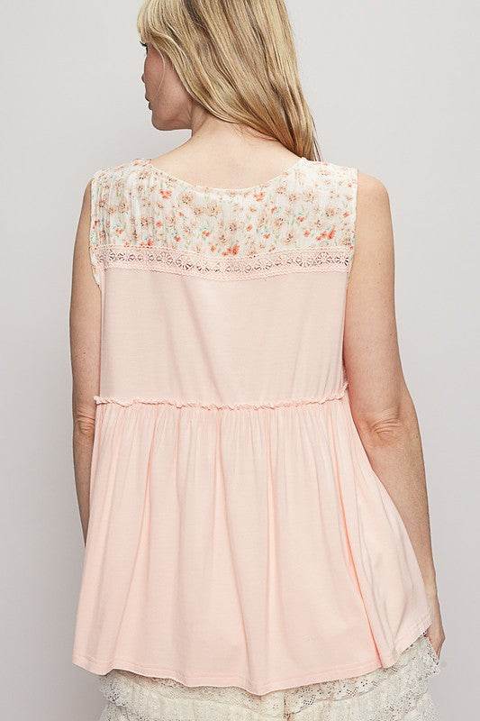 POL Lace Detail Frill Floral V-Neck Sleeveless Top