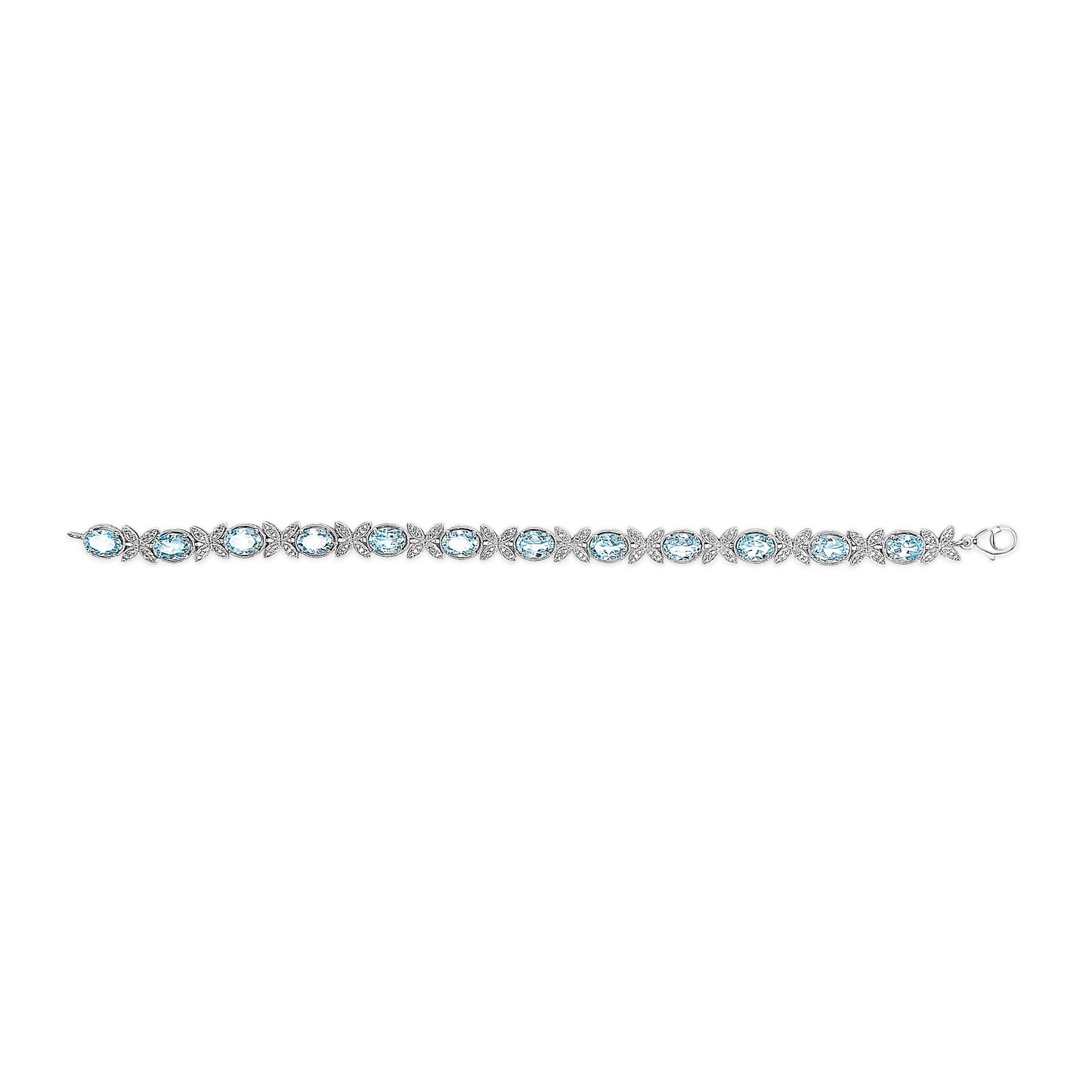.925 Sterling Silver Oval Blue Topaz Diamond Butterfly Link Bracelet (I-J Color, I1-I2 Clarity) - Size 7" Inches
