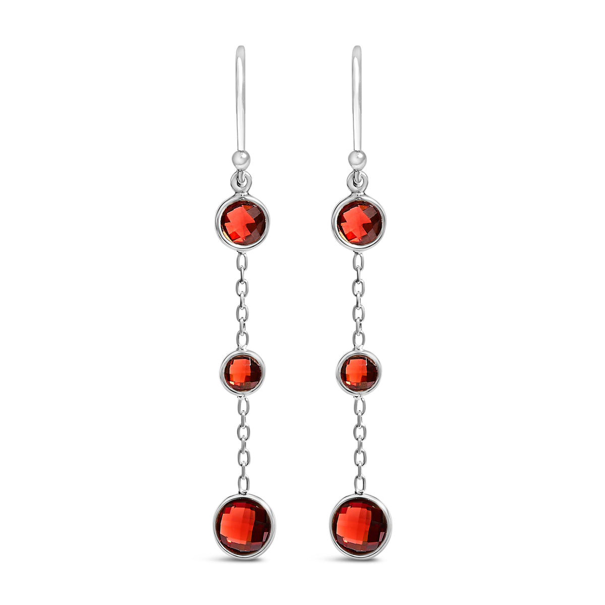.925 Sterling Silver Graduating Bezel Set Red Garnet Dangle Earring