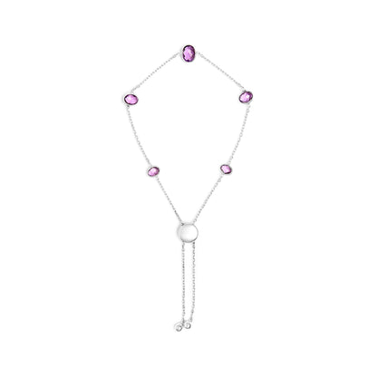 .925 Sterling Silver Bezel Set Purple Amethyst 5 Station Adjustable Bolo Bracelet