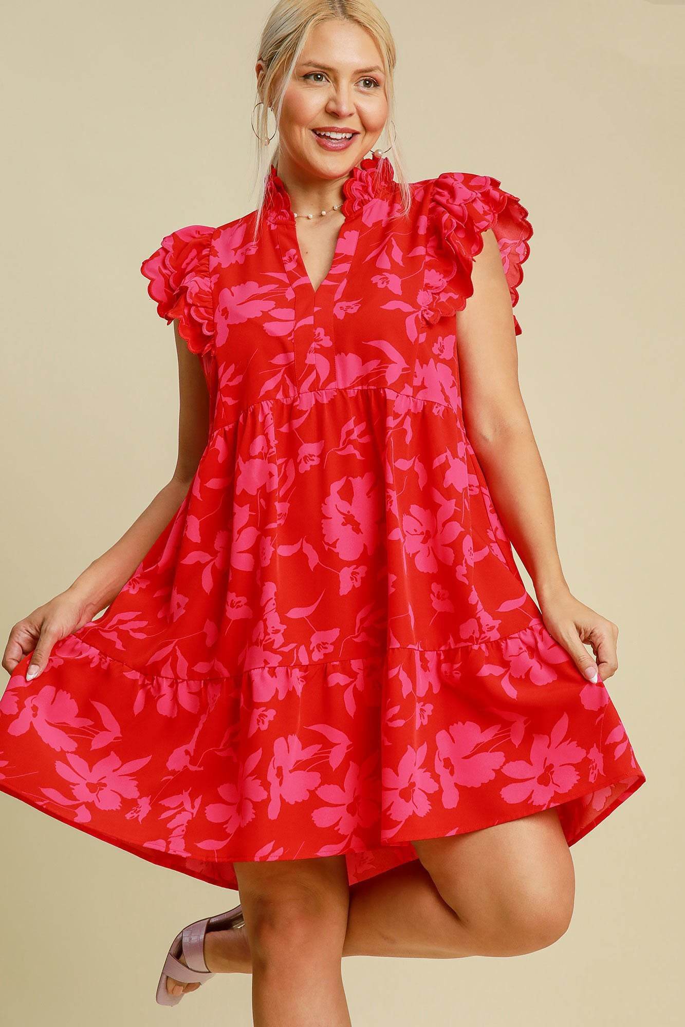 Umgee Full Size Two Tone Floral Print Ruffle Cap Sleeve Mini Dress Plus Size