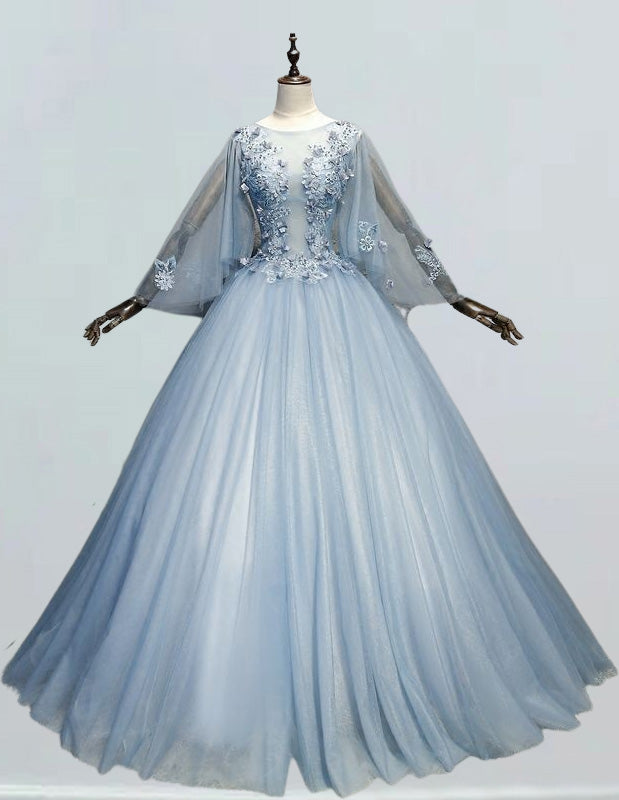 Women's Grayish Blue Lace Applique Tulle Ball Gown | Scoop Neck Prom & Evening Dress