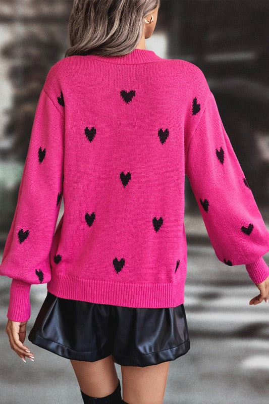 Heart Print Knit Round Neck Loose Fit Sweater