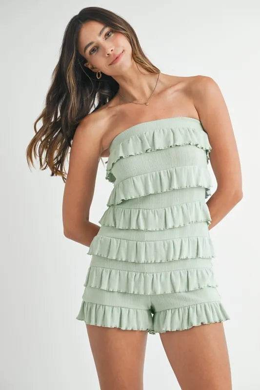 MABLE Pointelle Knit Fabric Ruffled Tube Romper
