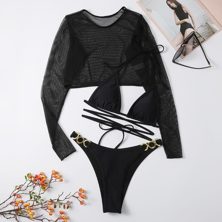 Sexy triangle micro bikini set 3-piece long sleeve swimsuit women High cut swimwear String swimming suit Solid bathing suit