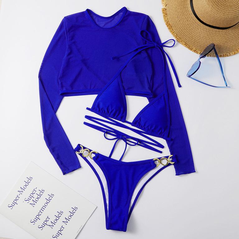 Sexy triangle micro bikini set 3-piece long sleeve swimsuit women High cut swimwear String swimming suit Solid bathing suit