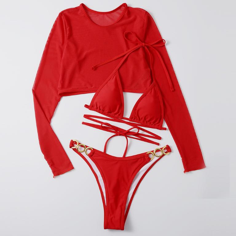 Sexy triangle micro bikini set 3-piece long sleeve swimsuit women High cut swimwear String swimming suit Solid bathing suit