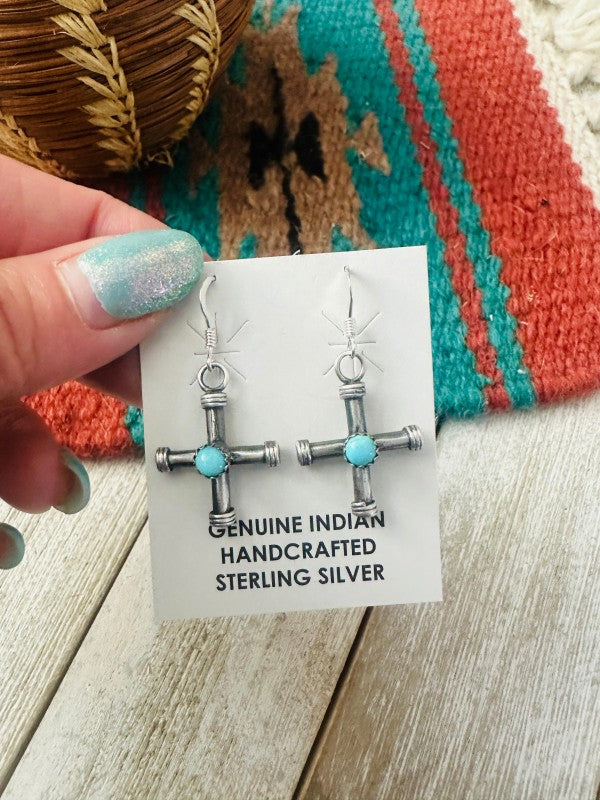 Navajo Sterling Silver & Turquoise Cross Dangle Ea
