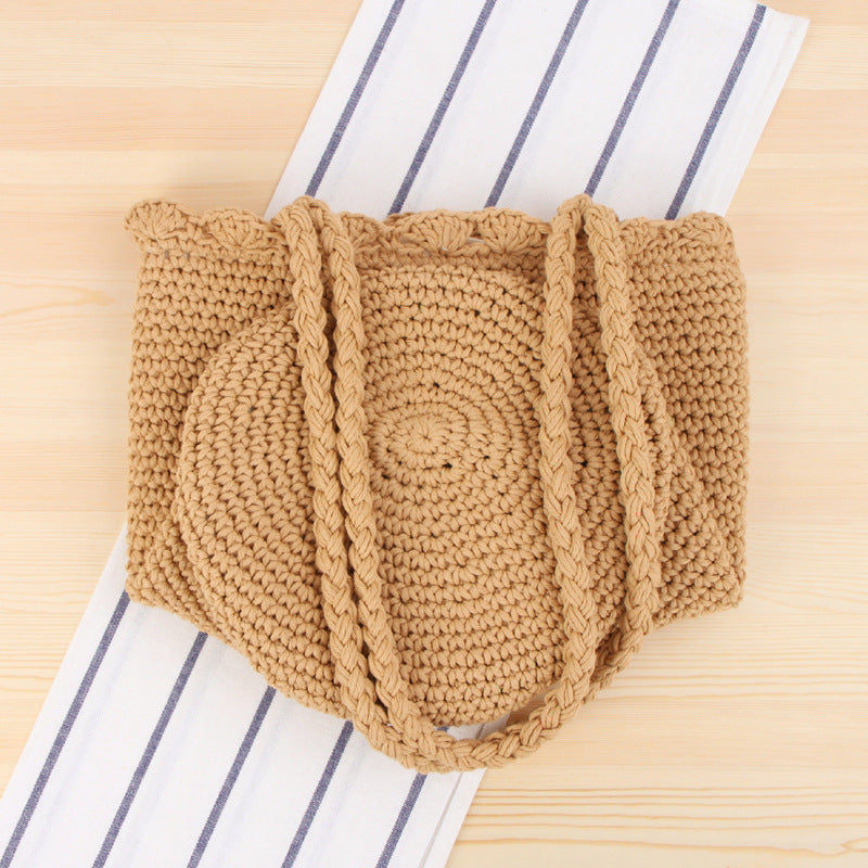 Shoulder Hand-Woven Bag Hand Crocheting Cotton String Vacation Beach Casual Bag