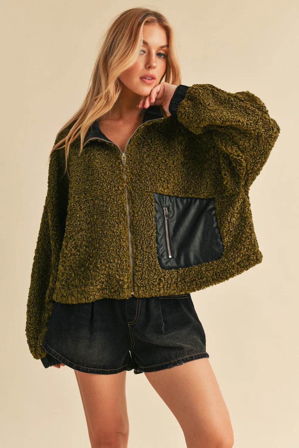 Aemi + Co Collared Neck Zip Up Sherpa Jacket